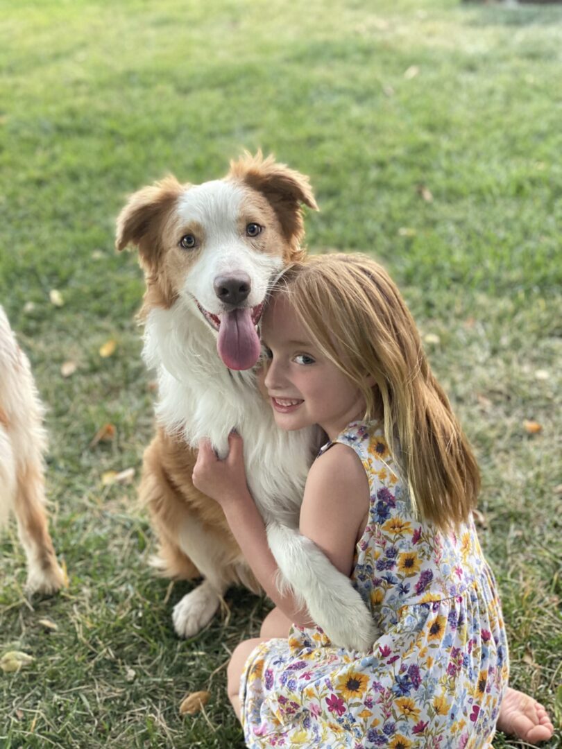 closeup shot of a little girl hugging a dog